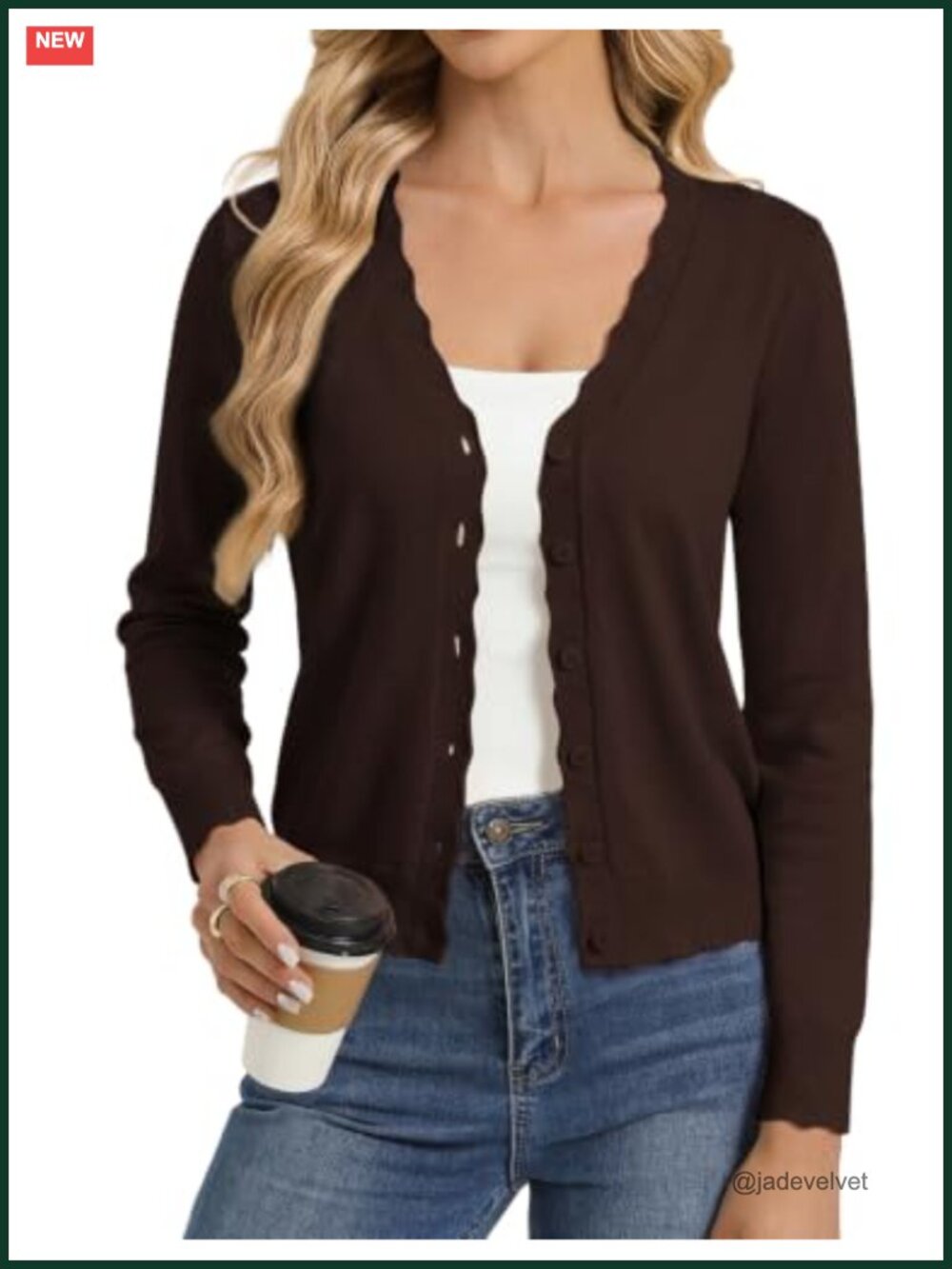 Wool Blend Cardigan Sweater V-Neck Button Down Scalloped Fitted